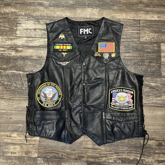 Leather braided Vest Black Patches Pins Leather Legion Veteran Navy biker men’s - Picture 1 of 11